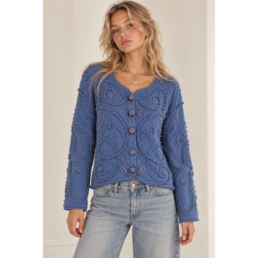 VTG 90s Michael Simon Knit Cardigan M Blue Butterfly Beaded Embroidered Whimsy